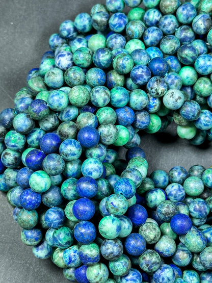 Natural Matte Azurite Gemstone Bead 4mm 6mm 8mm 10mm 12mm Round Beads, Gorgeous Green Blue Color Azurite Gemstone Beads, Full Strand 15.5"