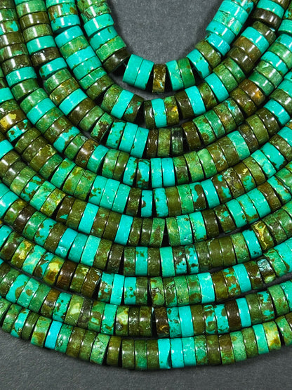 Natural Chinese Turquoise Gemstone Bead 8x3mm Heishi Shape, Beautiful Green Blue Brown Color Turquoise Beads, Great Quality 15.5" Strand