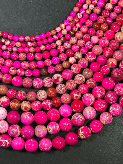 Natural Sea Sediment Jasper Gemstone Bead 4mm 6mm 8mm 10mm Round Beads, Beautiful Hot Pink Color Imperial Jasper Bead Full Strand 15.5"