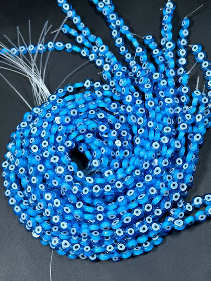 Beautiful Evil Eye Glass Bead 8mm Flat Coin Shape, Beautiful Turquoise Blue w/ Blue Eyes Evil Eye Glass Bead, Religious Amulet Prayer Beads