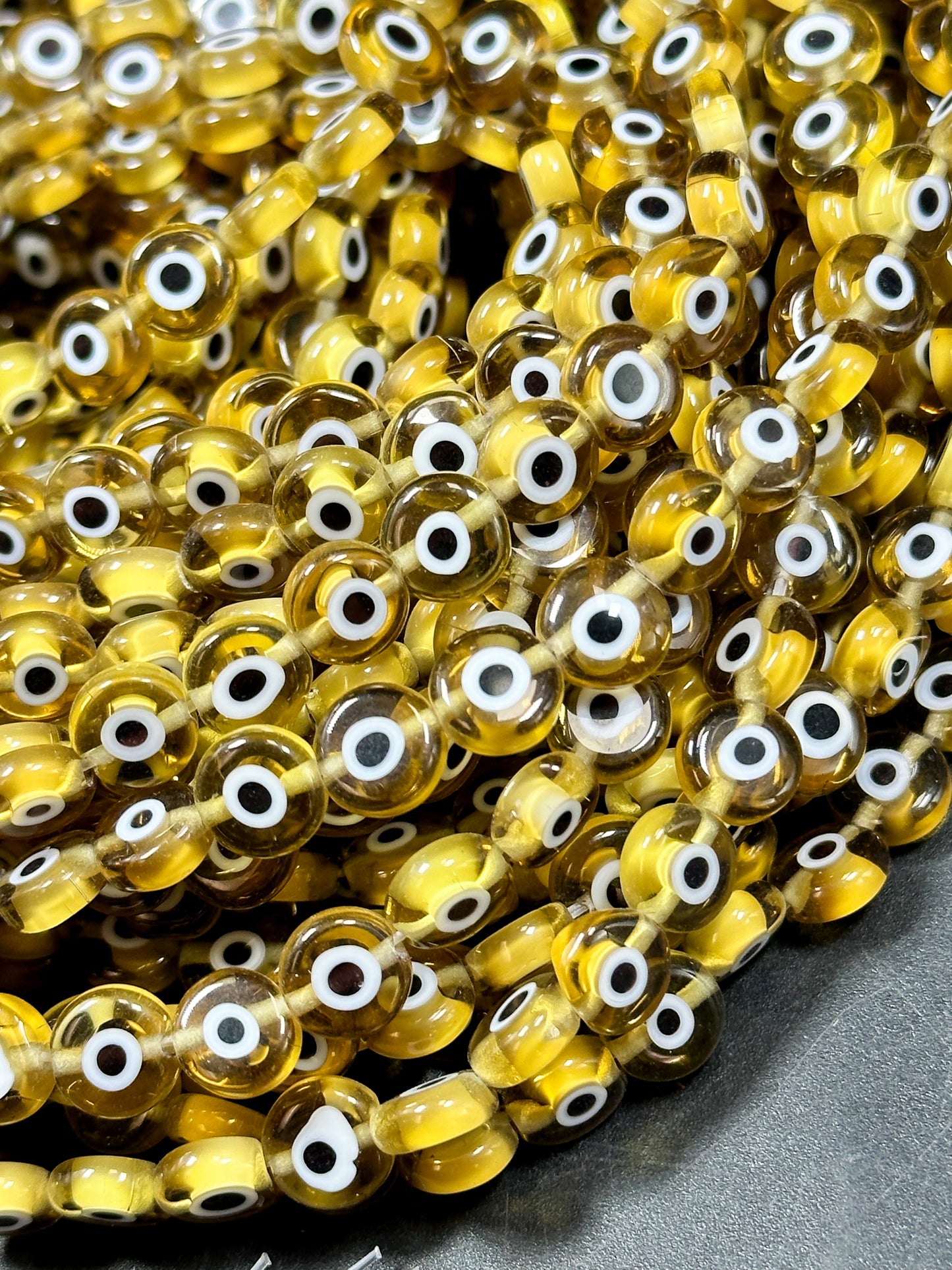 Beautiful Evil Eye Glass Beads 6mm 8mm Flat Coin Shape, Beautiful Yellow Clear Evil Eye Beads, Religious Amulet Prayer Beads