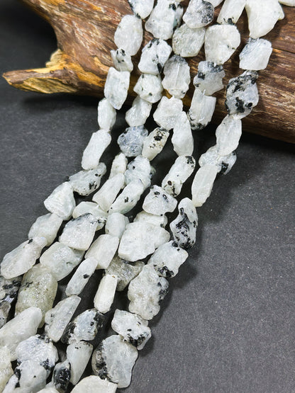 Natural Raw Moonstone Gemstone Bead Freeform Nugget Shape, Beautiful Natural White Moonstone w/ Black Inclusions Stone Bead 15.5" Strand