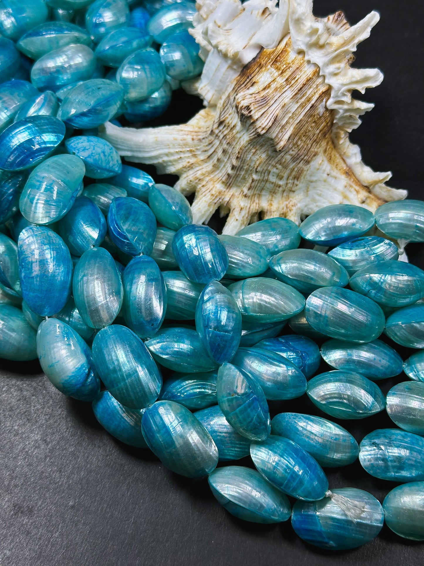 Natural Blue Sea Shell Beads, Natural 24x12mm Sea Shell Oval Shape Beads, Gorgeous Aqua Sea Blue Color Sea Shell Beads, 15.5" Strand