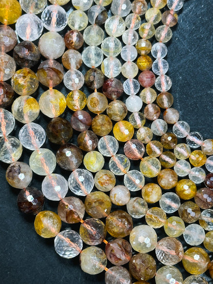 Natural Rutilated Golden Healer Quartz Gemstone Bead Faceted 6mm 8mm 10mm Round Bead, Beautiful Golden Yellow Clear Quartz Bead 15.5" Strand