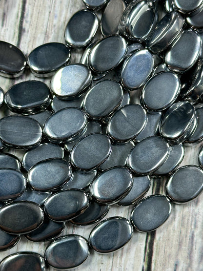 Natural Hematite Gemstone Bead 14x10mm Oval Shape Bead, Beautiful Metallic Gray Color Hematite Gemstone Beads, Full Strand 15.5"