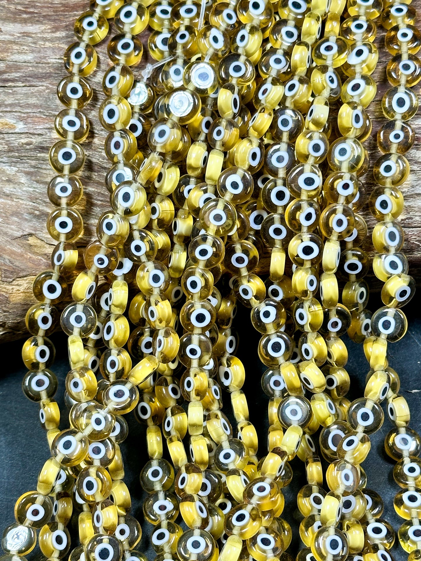 Beautiful Evil Eye Glass Beads 6mm 8mm Flat Coin Shape, Beautiful Yellow Clear Evil Eye Beads, Religious Amulet Prayer Beads