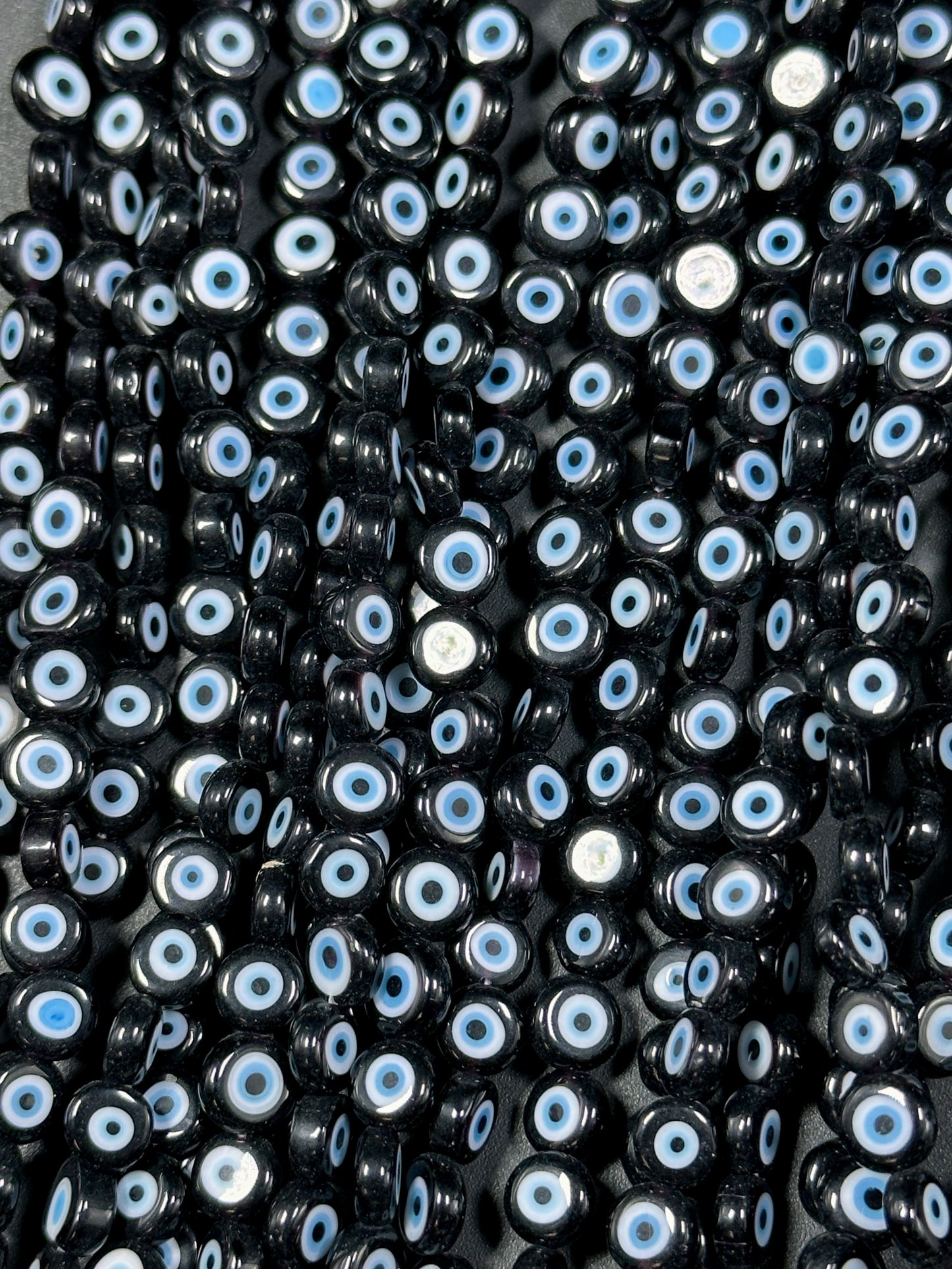 Beautiful Evil Eye Glass Bead 6mm Flat Coin Shape, Beautiful Black Color with BLUE Eyes Evil Eye Glass Beads, Religious Amulet Prayer Beads