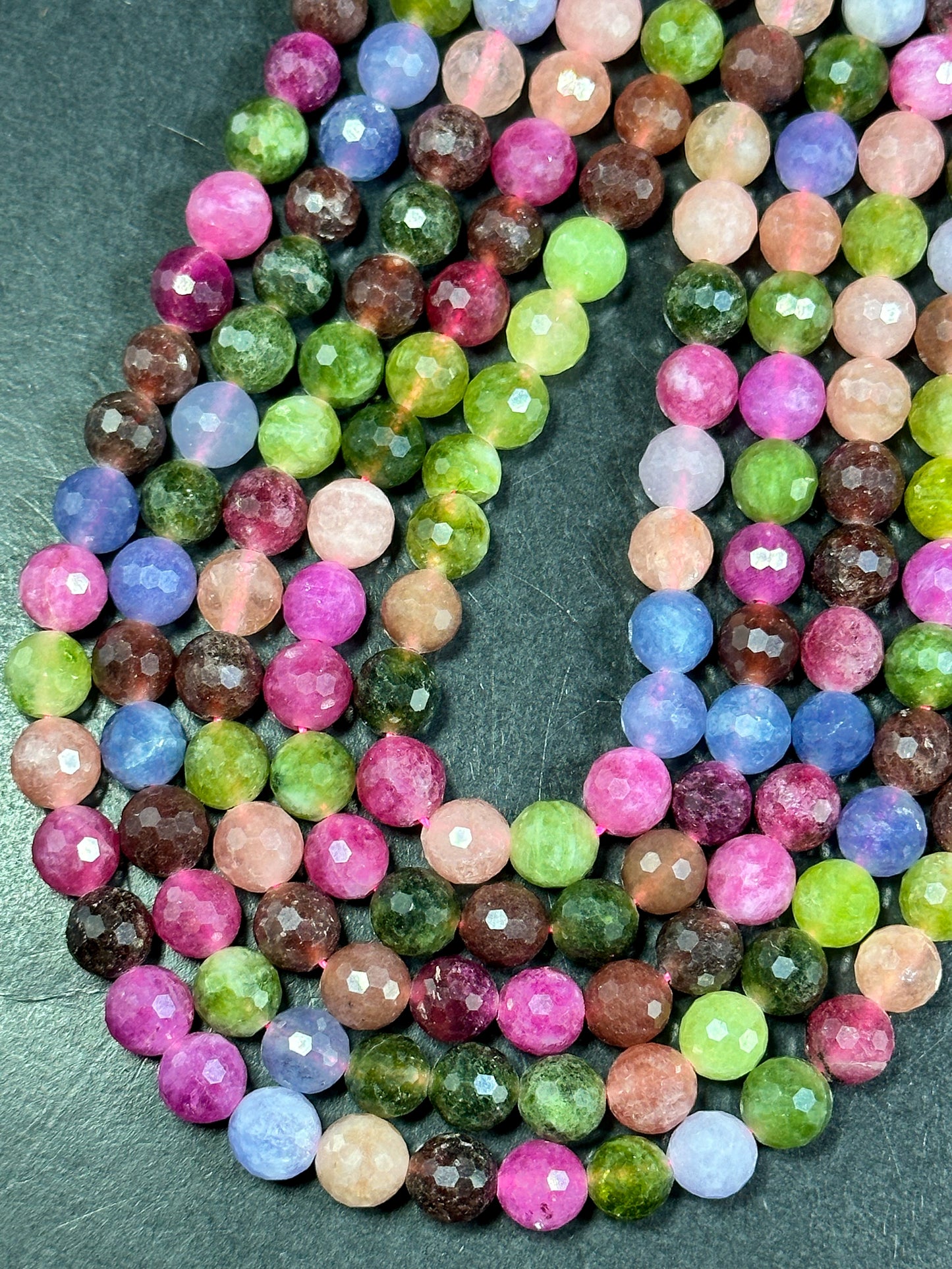 NATURAL Tourmaline Gemstone Bead Faceted 8mm 10mm Round Bead, Gorgeous Multicolor Tourmaline Gemstone Beads Full Strand 15.5" Great Quality Beads