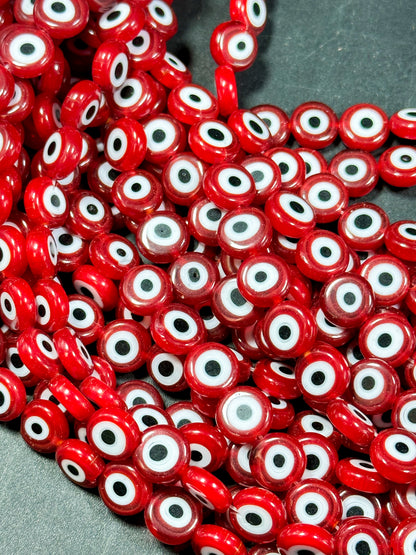 Beautiful Evil Eye Glass Beads 8mm 10mm Flat Coin Shape, Beautiful Dark Red Color Evil Eye Glass Beads, Religious Amulet Prayer Beads