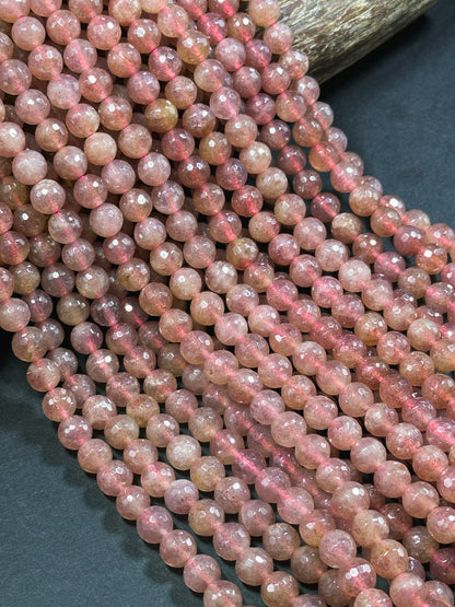 Natural Strawberry Quartz Gemstone Bead Faceted 6mm 8mm 10mm 12mm Round Beads, Beautiful Pink Red Strawberry Quartz Bead Full Strand 15.5"