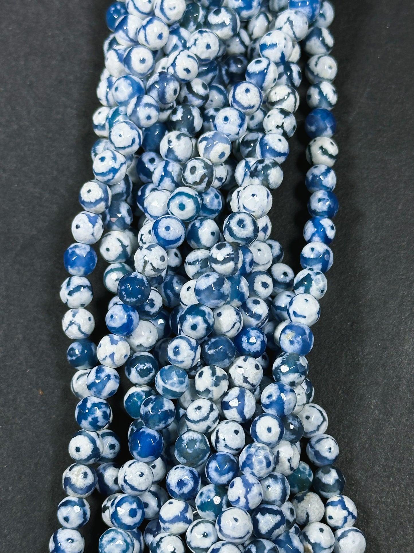 Natural Tibetan Agate Gemstone Bead Faceted 6mm Round Beads, Beautiful Hand Painted White Blue Color Eye Design Tibetan Bead Full 15" Strand