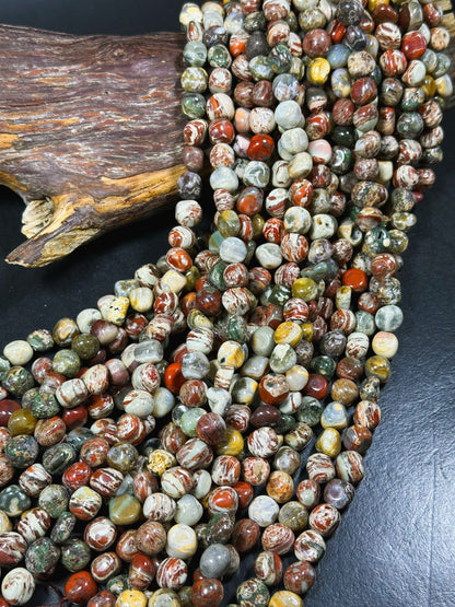 Natural Polychrome Jasper Gemstone Bead 10-12mm Nugget Shape, Beautiful Red Beige Brown Gray Color Polychrome Jasper Bead, Full Strand 15.5"