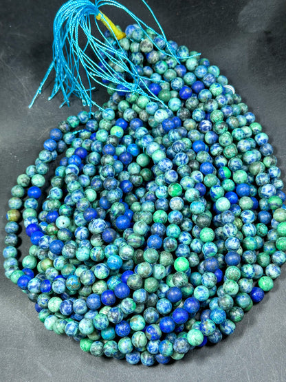 Natural Matte Azurite Gemstone Bead 4mm 6mm 8mm 10mm 12mm Round Beads, Gorgeous Green Blue Color Azurite Gemstone Beads, Full Strand 15.5"