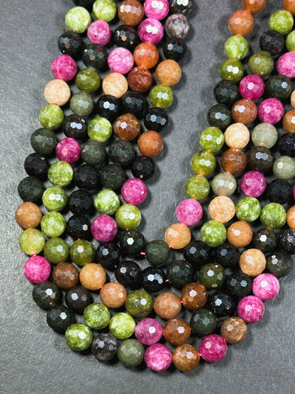 Natural Tourmaline Quartz Gemstone Bead Faceted 8mm 10mm Round Beads, Beautiful Multicolor Tourmaline Quartz Stone Beads, Full Strand 15.5"