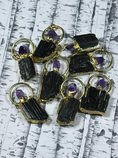 Natural Raw Black Tourmaline with Purple Amethyst Nugget Charm Pendant, Freeform Raw Tourmaline Amethyst Plated Edges Charm Pendant (1pc)