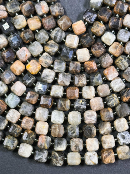 AAA Natural Black Moonstone Gemstone Bead, Faceted 8mm Cube Shape, Beautiful Black Brown Color Moonstone Beads Full Strand 15.5"