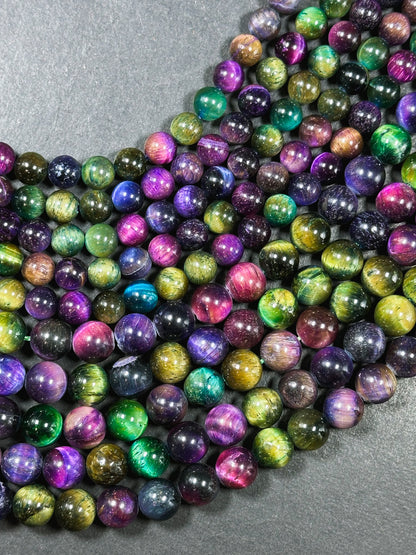 Multicolor Green Galaxy Tiger Eye Gemstone 6mm 8mm 10mm Round Beads, Gorgeous Multicolor Green Purple Teal Color Galaxy Tiger Eye Beads 15.5"