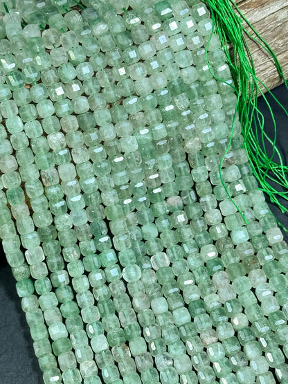 NATURAL Green Strawberry Quartz Gemstone Bead Faceted 6mm Cube Shape Bead, Beautiful Green Color Strawberry Quartz Bead. Full Strand 15.5"