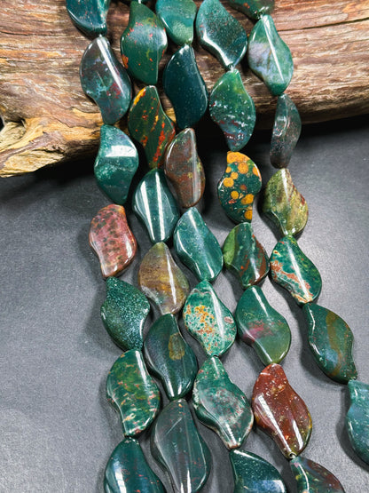 Natural Bloodstone Gemstone Bead 37x22mm Wave Shape, Beautiful Natural Dark Green Multicolor Bloodstone Gemstone Beads, Full Strand 15.5"