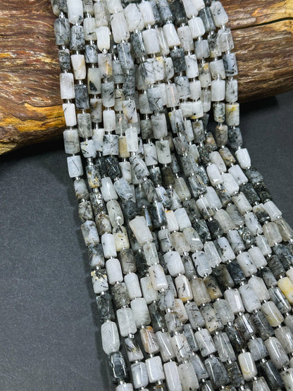 Natural Rutilated Quartz Gemstone Bead Faceted 12x8mm Tube Shape Bead, Beautiful Natural White Black Rutilated Quartz Bead Full Strand 15.5"