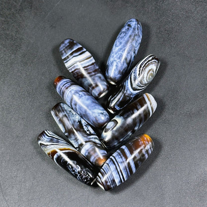 AAA Hand Painted Tibetan Gemstone Bead 35x12mm Barrel Shape Bead, Beautiful Navy Blue Black Color Unique Design Tibetan Agate LOOSE BEADS