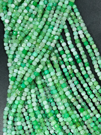 AAA NATURAL Chrysoprase Gemstone Bead Faceted 4mm Cube Shape, Gorgeous Green Color Chrysoprase Gemstone Bead Excellent Quality Beads 15.5"