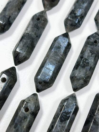 Natural Larvikite Labradorite Gemstone Bead Faceted 32x7mm Double Point Shape Beautiful Natural Black Gray Larvikite Bead Focal Pendant