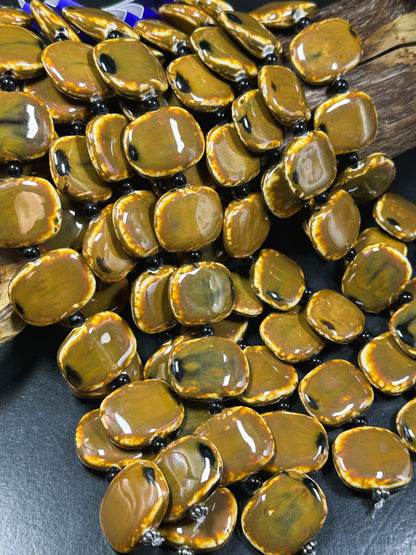 Beautiful Hand Painted Porcelain Beads, 30x24mm Unique Hand Painted Porcelain Rectangle Shape Beads, Gorgeous Brown Color Porcelain Bead 9"