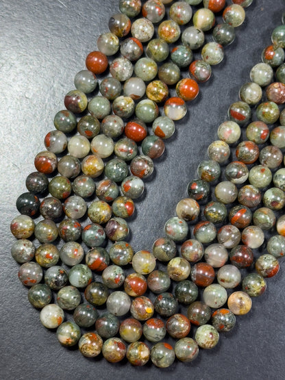 Natural African Bloodstone Gemstone Bead 8mm 10mm 11mm Round Beads, Beautiful Natural Red Gray Green Bloodstone Beads, Great Quality 15.5"