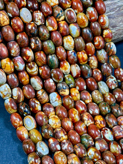 AAA NATURAL Tibetan Gemstone Bead 13x10mm Barrel Shape Bead, Gorgeous Multicolor Brown Orange Blue Color Tibetan Stone Beads Full Strand