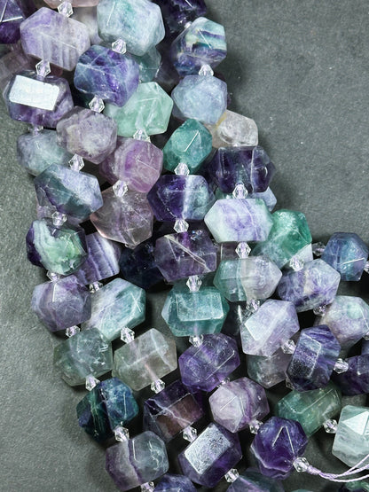 Natural Fluorite Gemstone Bead Faceted 25x16mm Double Point Barrel Shape, Beautiful Natural Multicolor Purple Green Fluorite Beads 15.5"