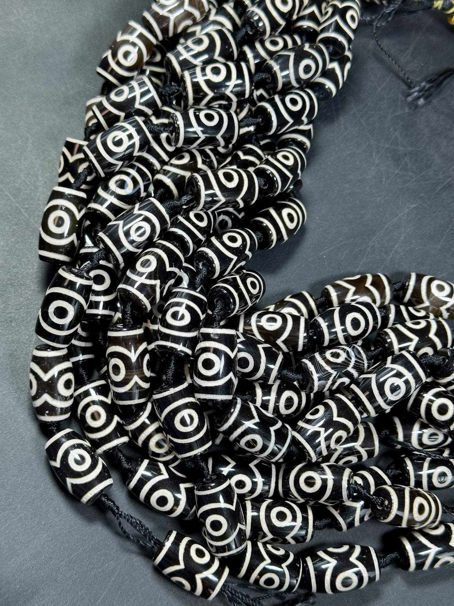 Natural Tibetan Gemstone Bead 24x14mm Barrel Shape Bead, Beautiful Black White Color Hand Painted Design Tibetan Gemstone Bead Great Quality