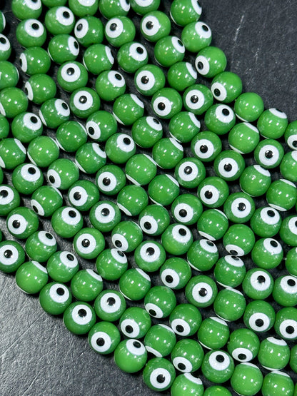 Beautiful Green Evil Eye Glass Beads 6mm 8mm Round Beads, Beautiful Green Evil Eye Amulet Glass Beads, Full Strand Evil Eye Glass Beads