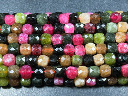 Natural Tourmaline Gemstone Bead Faceted 5mm 7mm Cube Shape, Beautiful Multicolor Black Pink Green Brown Tourmaline Bead, Full 15.5" Strand