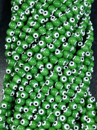 Beautiful Green Evil Eye Glass Beads 6mm 8mm Round Beads, Beautiful Green Evil Eye Amulet Glass Beads, Full Strand Evil Eye Glass Beads