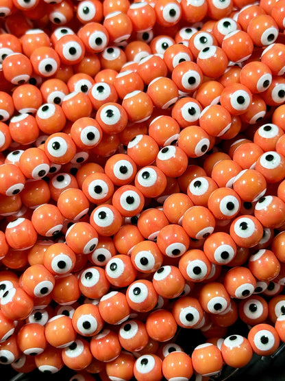 Beautiful Evil Eye Glass Beads 8mm Round Beads, Beautiful Orange Coral Color Evil Eye Amulet Glass Beads, Full Strand Glass Beads