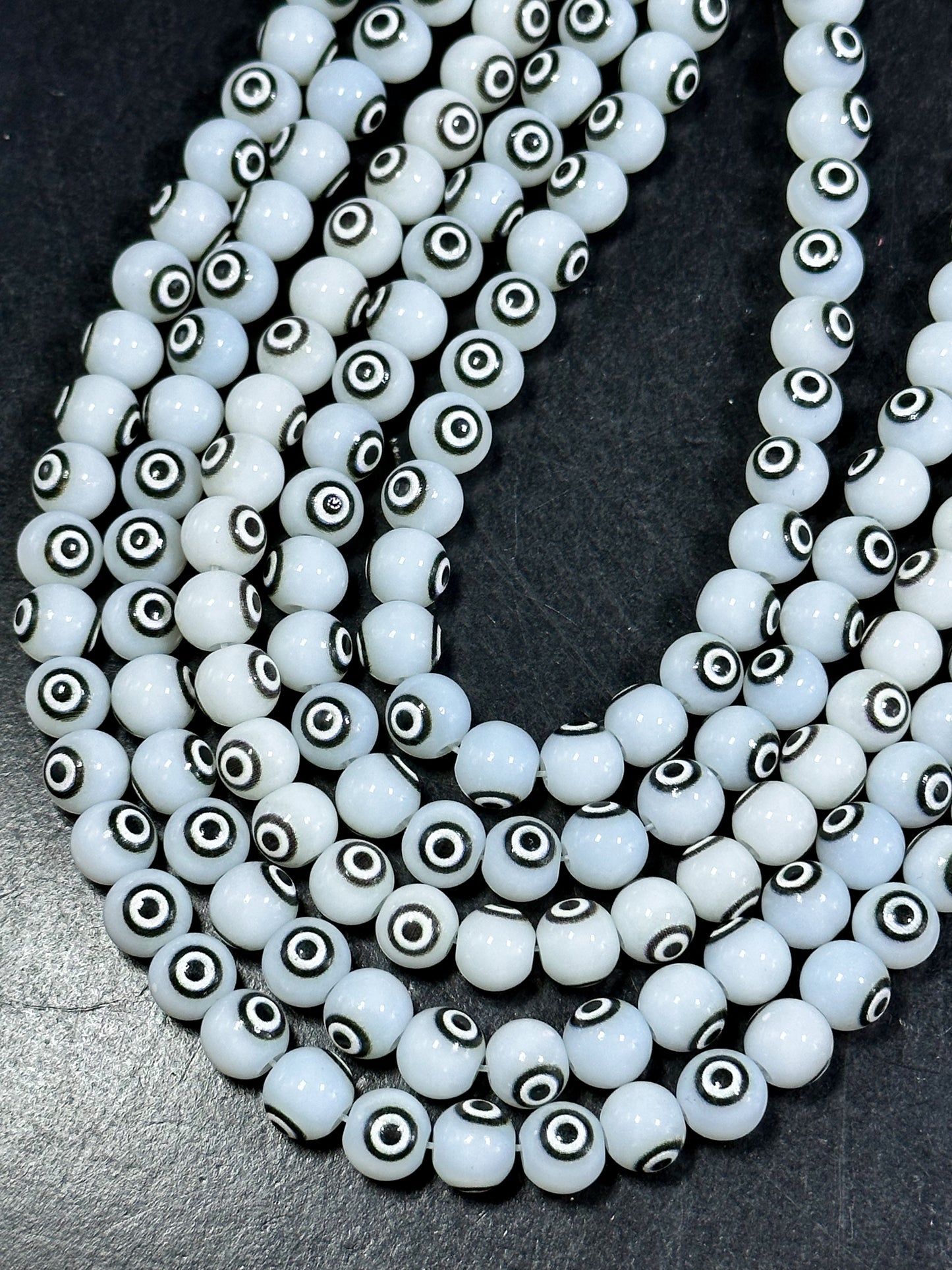 Beautiful White Evil Eye Glass Beads 6mm 8mm Round Beads, Beautiful White Black Evil Eye Amulet Glass Beads, Full Strand Glass Beads