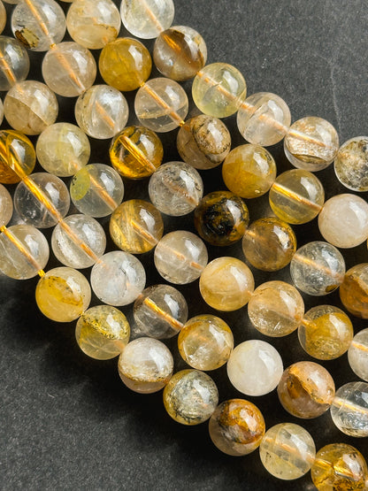 Natural Golden Healer Quartz Gemstone Bead 6mm 8mm 10mm Round Bead, Gorgeous Natural Golden Yellow Brown Clear Healer Rutilated Quartz 15.5"