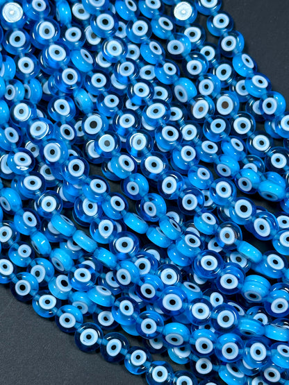 Beautiful Evil Eye Glass Bead 8mm Flat Coin Shape, Beautiful Turquoise Blue w/ Blue Eyes Evil Eye Glass Bead, Religious Amulet Prayer Beads