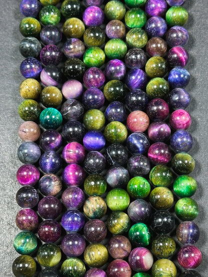 Multicolor Green Galaxy Tiger Eye Gemstone 6mm 8mm 10mm Round Beads, Gorgeous Multicolor Green Purple Teal Color Galaxy Tiger Eye Beads 15.5"