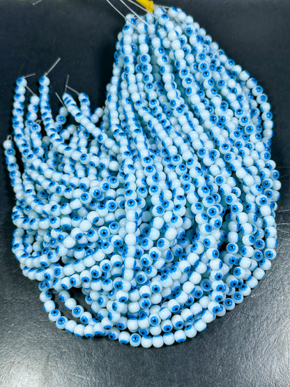 Beautiful Evil Eye Glass Beads 8mm Round Beads, Beautiful White with Blue Eyes Evil Eye Amulet Glass Beads, Full Strand Glass Beads