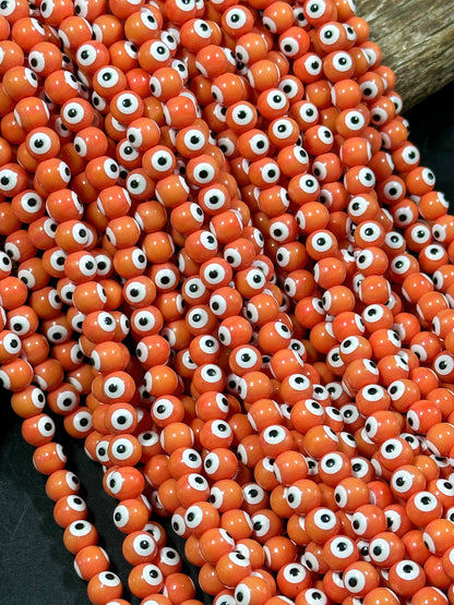 Beautiful Evil Eye Glass Beads 8mm Round Beads, Beautiful Orange Coral Color Evil Eye Amulet Glass Beads, Full Strand Glass Beads