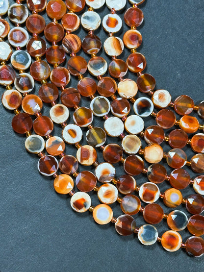 Natural Red Carnelian with Orca Agate Gemstone Bead Faceted 10mm Coin Shape Beads, Beautiful Natural Red Orange Color Carnelian Beads 15.5"