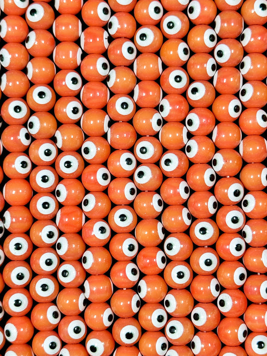 Beautiful Evil Eye Glass Beads 8mm Round Beads, Beautiful Orange Coral Color Evil Eye Amulet Glass Beads, Full Strand Glass Beads