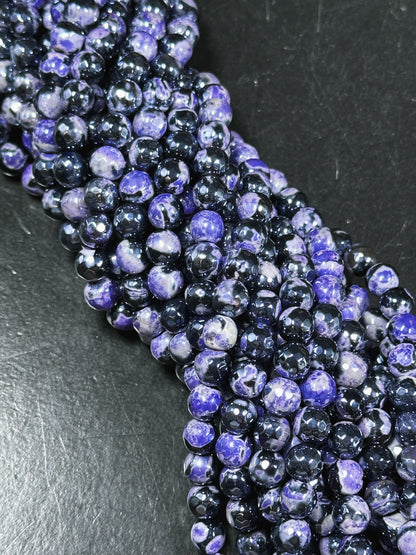 Mystic Natural Tibetan Agate Gemstone Bead Faceted 8mm 10mm Round Beads, Beautiful Mystic Purple Black Agate Stone Beads, Full Strand 15.5"