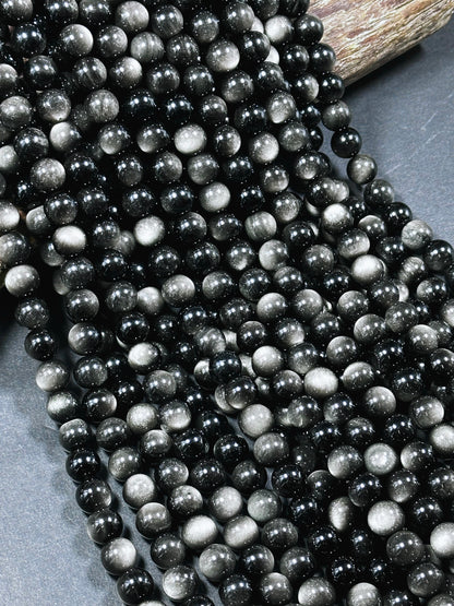 AAA Natural Silver Obsidian Gemstone Bead 6mm 8mm 10mm 12mm Round Bead, Gorgeous Black Silver Sheen Obsidian Beads, Excellent Quality Full Strand 15.5"