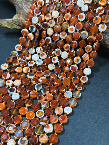 Natural Red Carnelian with Orca Agate Gemstone Bead Faceted 10mm Coin Shape Beads, Beautiful Natural Red Orange Color Carnelian Beads 15.5"