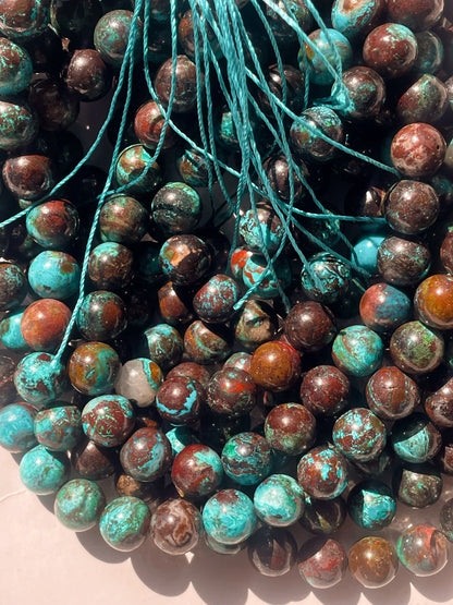 AAA Natural chrysocolla azurite gemstone round bead. 6mm 8mm 10mm round stone bead. Excellent quality. Natural turquoise blue color with brown