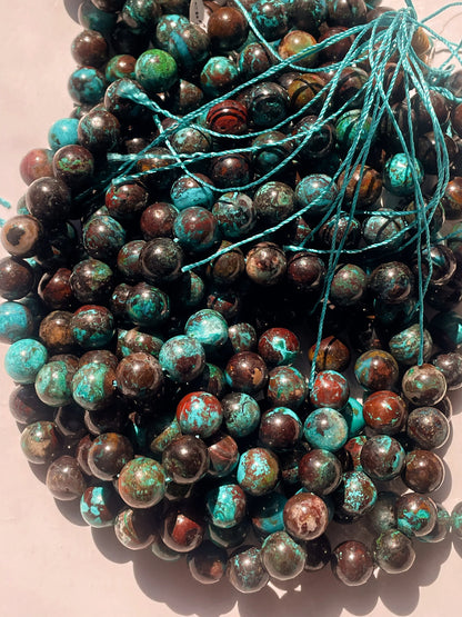 AAA Natural chrysocolla azurite gemstone round bead. 6mm 8mm 10mm round stone bead. Excellent quality. Natural turquoise blue color with brown