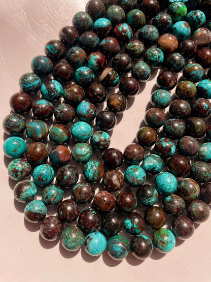 AAA Natural chrysocolla azurite gemstone round bead. 6mm 8mm 10mm round stone bead. Excellent quality. Natural turquoise blue color with brown